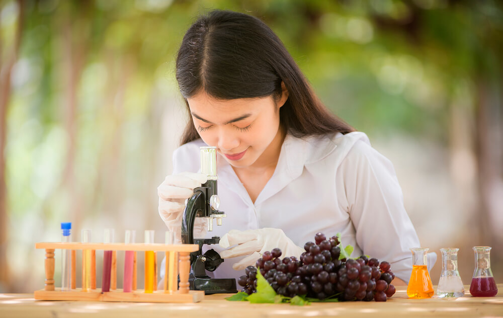 Woman looking at grape stem cells through microscope